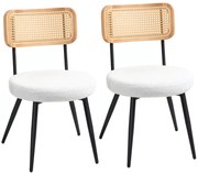 HOMCOM Lot de 2 scaune de bucatarie boho cu spatar din ratan pentru living, camera de zi, dormitor, alb | Aosom Romania