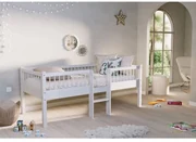 Pat Semi-Înălțat (Mid-Sleeper) cu Scară Forrest Beech pentru Camera Copii, 90x200 cm, din Lemn Masiv de Fag, Alb – Vipack