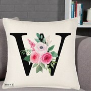 Cadou Personalizat - Perna Personalizata Monograma Florala Litera W cu Trandafiri si Anemona, 40x40 cm, Crem Reliefat, Husa Detasabila, Perna Inclusa, BEKZ®