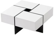 Elegantă măsuță de cafea lucioasă cu 4 sertare, compartiment de depozitare integrat, 70×70×35 cm, Alb+Negru