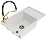 Mexen Elias chiuvetă de granit cu un compartiment, cu picurător și baterie de bucătărie Duo, Albă - 6511-20-671701-57-B