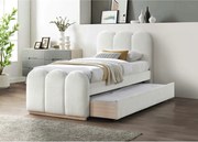 Pat MACARENA 90x200, crem, stofa boucle/lemn, cu somiera