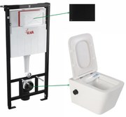 Set vas wc suspendat cu functie de bideu si baterie negru mat inclusa Foglia Safari, rezervor wc si clapeta aluminiu negru mat, Alcaplast