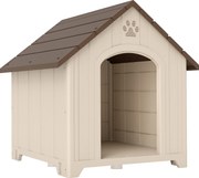 PawHut Căsuță pentru câini de talie medie și mare, ridicată, cu acoperiș înclinat, guri de aerisire și cuie, căsuță din PP, 88x78x89 cm, Bej și Maro Închis | Aosom Romania