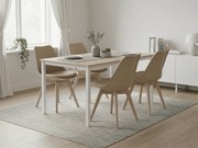 Set de sufragerie 1 + 4, masa alba TESSA 120x60 cm decor stejar + scaun bej BALI MARK cu picioare din fag