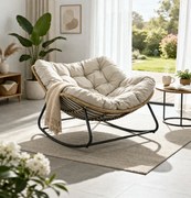 Scaun balansoar pentru interior si exterior, sezlong tip ou cu pernă captusita, cadru metalic, Bej