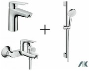 Set baterii Hansgrohe Logis E cu baterie lavoar, baterie cada si set de dus cu bara crom