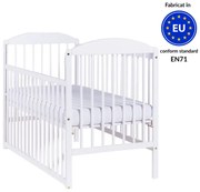 Patut din lemn masiv 120x60 cm Kidizi Orella alb cu laterala culisanta, reglabil pe 3 nivele, certificat EN71