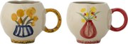 Set 2 cești din ceramică, natur, ilustrații florale pictate manual și torți în contrast, 7,5 x 8,5 cm, „Hiba”