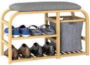 HOMCOM Bancă pentru Pantofi din Bambus cu 2 Rafturi și Coș Detașabil, 70x30x45 cm, Lemn | Aosom Romania
