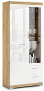 Mazzoni Comodă înaltă SIMPLE KWD2SZ2 Stejar Craft Auriu/Alb Luciu - VITRINĂ LIVING DULAP CU RAFTURI