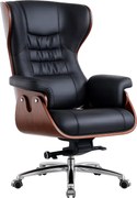 EXECUTIVE IMPERIAL– Scaun Directorial Premium, Tapițerie din Piele PU Calitativă, Furnir Curbat Finisaj Nuc, Funcție de Înclinare și Reglaj pe Înălțime Bază din Aluminiu, Negru