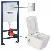 Set vas wc suspendat cu functie bideu alb si baterie inclusa crom Foglia Safari, rezervor wc incastrat si clapeta crom lucios, Grohe