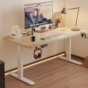 Birou reglabil în înălțime, două motoare electrice ridicare, suport caști, suport pahar, 120x60 cm, Stejar deschis