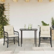 vidaXL Set bistro cu perne, 3 piese, negru, poliratan