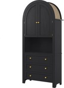 Dulap de depozitare înalt cu arc, cu 3 sertare, uși și compartiment deschis pentru expunere, pentru bucătărie și living, 70x35x180 cm, Negru