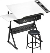 HOMCOM Masă de desen cu taburet și 2 sertare, înălțime reglabilă, blat înclinabil 0° à 60°, 120 x 60 x 68-92 cm, alb | Aosom Romania