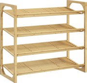 HOMCOM Etajeră pentru pantofi cu 4 niveluri, depozitare 12 perechi cu design cu lamele, bambus, 76x33x67cm, lemn natural | Aosom Romania