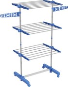 HOMCOM Uscător de Rufe Pliabil Vertical, Extensibil Tip Turn cu 6 Roți, Cârlige și 3 Rafturi, 142x55x152 cm, Albastru | Aosom Romania