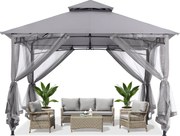 ABCCANOPY Foișor de gradina 3.3x3.3 m - Foișor exterior cu cadru din oțel și plasă de țânțari pentru gazon, curte, grădină, terasă, Gri