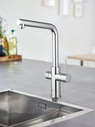 Baterie bucatarie Grohe Blue Home, monocomanda, sistem de filtrare apa, racire apa si apa carbogazoasa, 3 nivele mineralizare, cartus ceramic, pipa tip L, pivotanta 150, crom-31454001