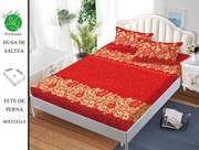 Husa de pat cu elastic 180x200 din Bumbac Finet + 2 Fete de Perna - Rosu Cu Trandafiri