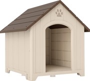 PawHut Căsuță pentru câini de talie medie și mare, ridicată, cu acoperiș înclinat, guri de aerisire și cuie, căsuță din PP, 88x78x89 cm, Bej și Maro Închis | Aosom Romania