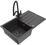 Mexen Bruno chiuvetă de bucătărie din granit cu 1 compartiment și picurător și baterie Duo, negru cu pete - 6513-76-671701-70-B