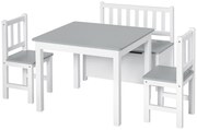 HOMCOM Set Mobilier pentru Copii 4 Piese, Masă, 2 Scaune, Bancă Depozitare, Lemn Multifuncțional, Alb și Gri | Aosom Romania