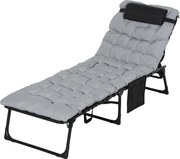Outsunny Șezlong de Plajă Pliabil cu Spătar Reglabil, Pernă, Suport pentru Cap și Buzunar, 58x189x32.5 cm, Gri Deschis | Aosom Romania