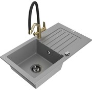 Mexen Pablo chiuvetă de granit cu o cuvă și scurgător și baterie de bucătărie Duo, gri - 6510-71-671701-57-B