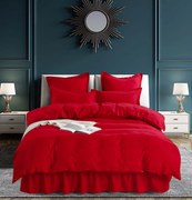 Set Lenjerie de Pat Bumbac Finet Uni cu Volanase, 6 Piese, Pat 2 Persoane, Rosu