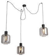 Lampă suspendată de design neagră cu sticlă fumurie cu 3 lumini 226 cm - Qara