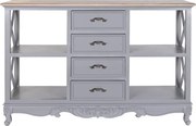 Comodă cu sertare shabby chic din lemn de paulownia, gri și natur, cu 4 sertare, 4 rafturi deschise și decor sculptat, 84,5 x 132 x 40 cm, „Auria”