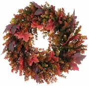 Coroană artificială de toamnă din eucalipt șifrunze de arțar, diametru 40 cm, roșu-verde