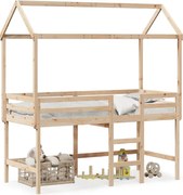 vidaXL Pat etajat cu scară și acoperiș, alb, 90x190 cm, lemn masiv pin