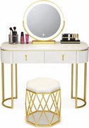 Set Lisa, Masă de toaletă pentru machiaj cu oglindă iluminată LED, control touch, sertar, taburet tapitat, Alb, 100x40x75 cm