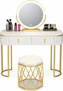 Set LISA – Masă de Toaletă pentru Machiaj, Oglindă Iluminată LED, Control Touch, Sertar, Taburet tapitat, Alb, 100x40x75 cm