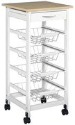 HOMCOM Cărucior de servire măsuță cu roți multi-rangements 4 coșuri metal + sertar lemn de pin 37 x 37 x 82 cm alb | Aosom Romania