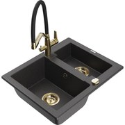 Mexen Carlos chiuvetă de granit cu 1,5 compartiment și baterie de bucătărie Duo, Negru cu picățele - 6518-76-671701-57-G