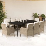 vidaXL Set de masă pentru grădină, 9 piese, cu perne, bej, poliratan