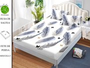 Husa de pat cu elastic 180x200 din Bumbac Finet + 2 Fete de Perna - Pene Albastre  Fluturi