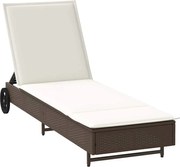 vidaXL Șezlong de plajă cu roți și pernă, maro, poliratan