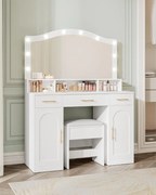 SEA487 - Set Masa toaleta alba, 108 cm cosmetica machiaj, oglinda cu LED, scaun tapitat, masuta vanity cu Priza si USB si Manere Aurii