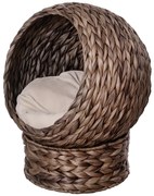 PawHut Coș pentru Pisici din Trestie de Mare cu Pernă, Pat pentru Pisică, Pat pentru Animale de Companie, 50 cm x 42 cm x 60 cm, Maro + Bej | Aosom Romania