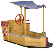Outsunny Bac cu Nisip în Formă de Barcă de Pirați din Lemn, Pânză de Umbrire, Cufăr de Depozitare, timon, Lemn de Brad pre-uleiat | Aosom Romania