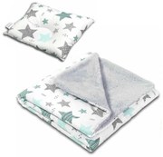 Set paturica dubla pufoasa cu doua fete 100x78 cm si perna bebelusi contra plagiocefaliei Kidizi All Mint Stars