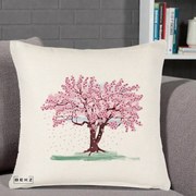 Perna Decorativa Cires Inflorit Acuarela, 40x40 cm, Crem Reliefat, Husa Detasabila, Perna Inclusa, BEKZ®