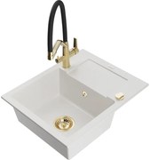 Mexen Enzo chiuvetă de bucătărie din granit cu o cuvă și picurător și baterie Duo, alb - 6506-20-671701-57-G