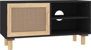 vidaXL Comodă TV, negru, 80x30x40 cm, lemn masiv pin și ratan natural